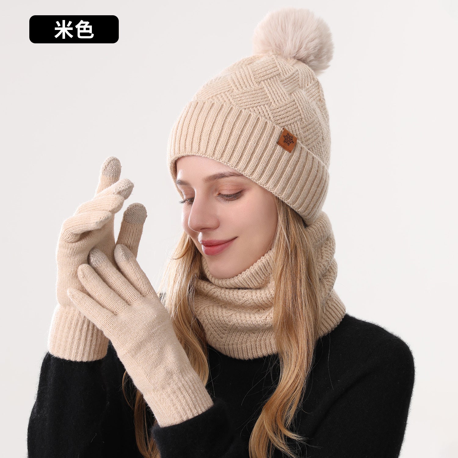 Wholesale Women' s knitted hat winter cold-proof double-layer f outdoor warm knitted hat f gloves three-piece set
